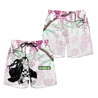 Demon Slayer Shorts Nezuko Graphic Wisteria Flower Beach Shorts Black Pink