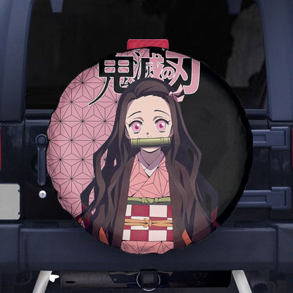 Demon Slayer Spare Tire Cover Nezuko Kamado Graphic Kimono Pattern Tire Covers Black Pink