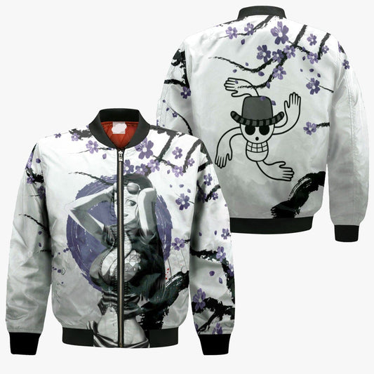 One Piece Bomber Jacket Nico Robin Jolly Roger Symbol Bomber White Purple Unisex