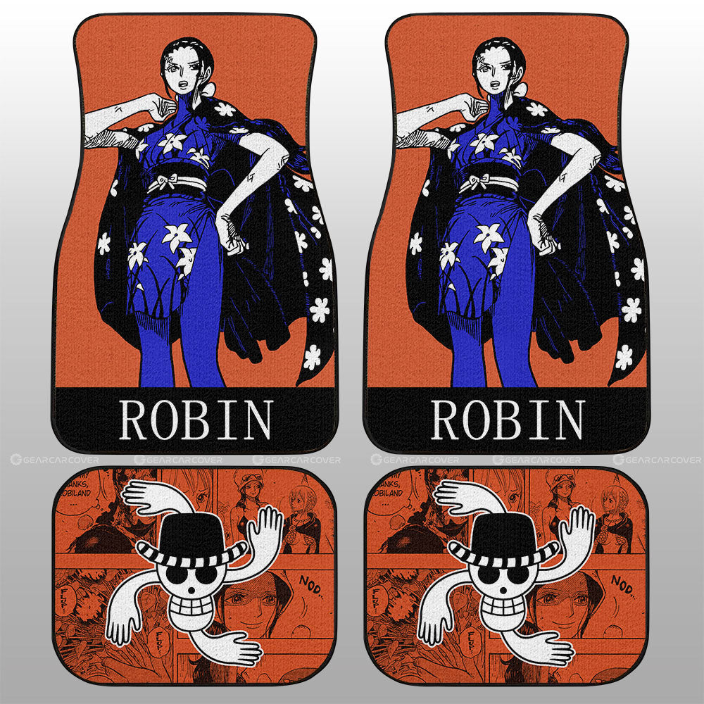 One Piece Car Mats Cool Nico Robin Graphic Manga Pattern Jolly Roger Symbol Car Floor Mats Orange Blue