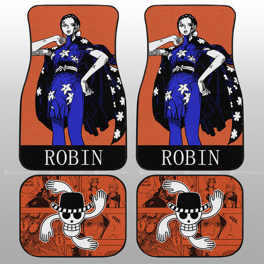 One Piece Car Mats Cool Nico Robin Graphic Manga Pattern Jolly Roger Symbol Car Floor Mats Orange Blue