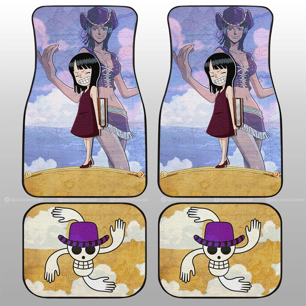 One Piece Car Mats Cute Young Nico Robin Jolly Roger Symbol Car Floor Mats Yellow Purple