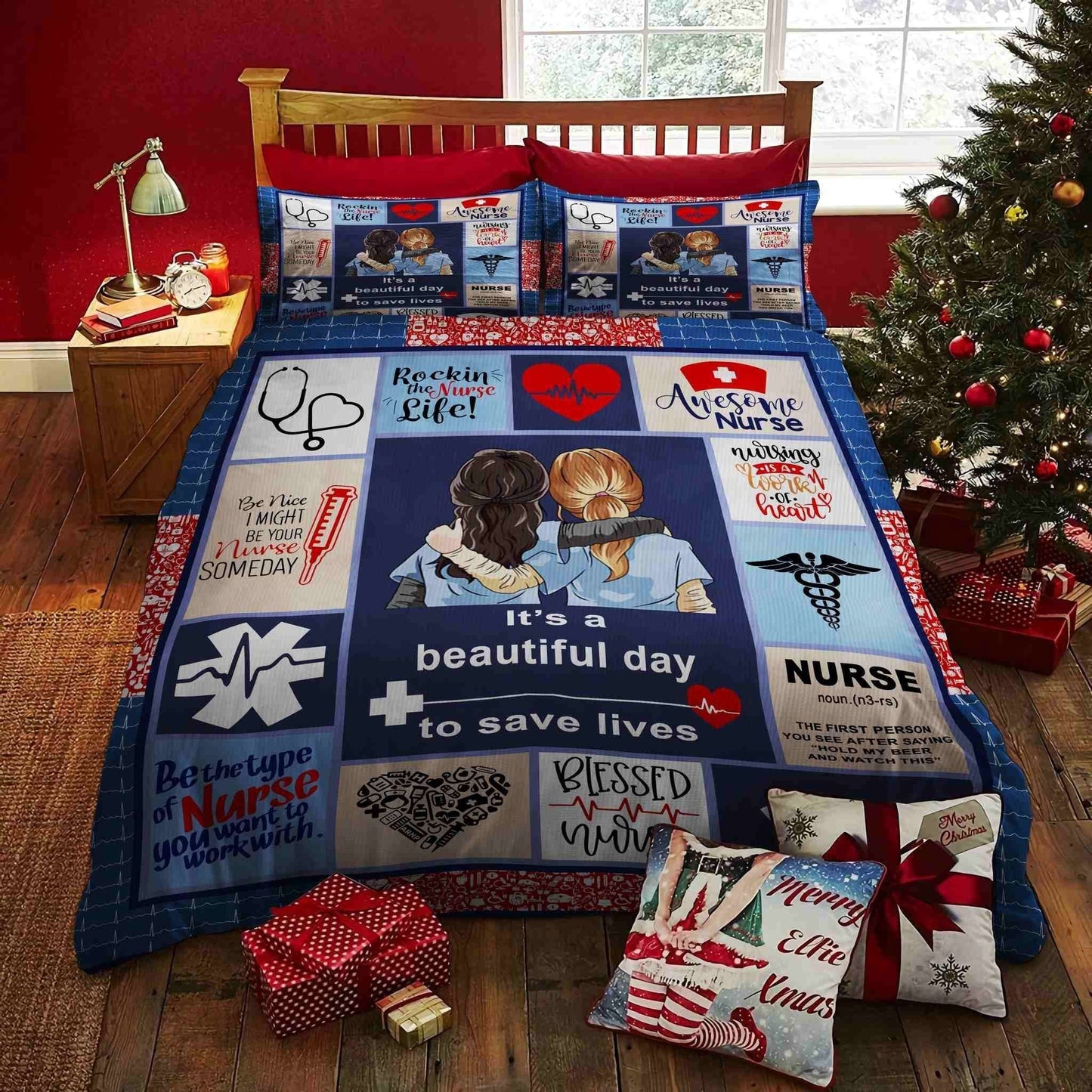 Nurse Bedding Set It's A Beautiful Day To Save Lives Duvet Covers Blue Unique Gift