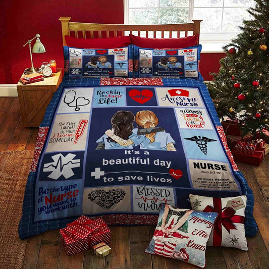 Nurse Bedding Set It's A Beautiful Day To Save Lives Duvet Covers Blue Unique Gift