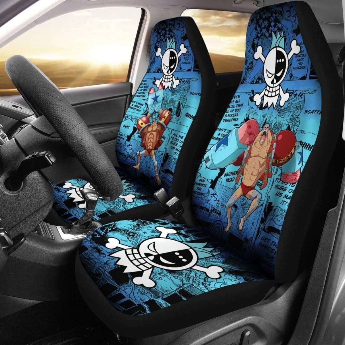 One Piece Car Seat Covers Franky Graphic Symbol Manga Pattern Seat Covers Blue