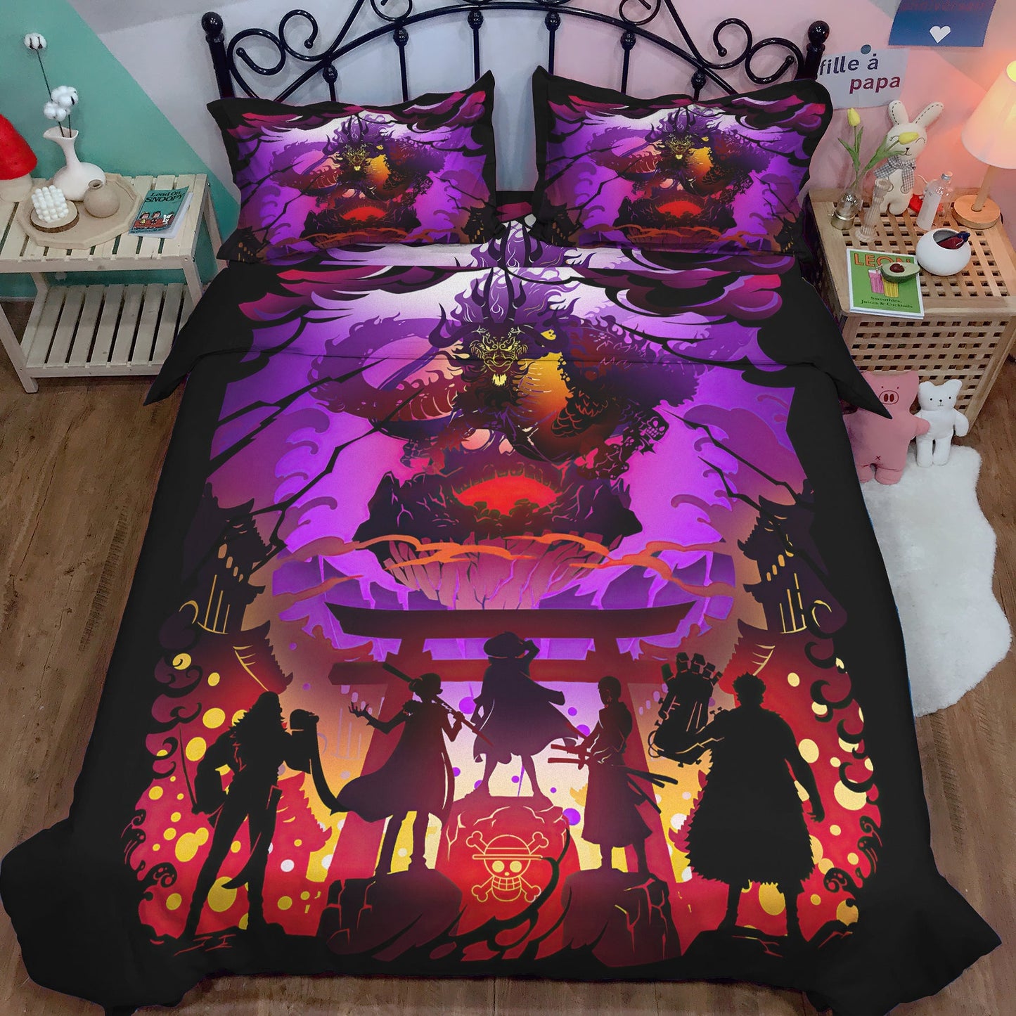 One Piece Bedding Set Straw Hat Team Fighta Dragon Duvet Covers Black Purple Unique Gift