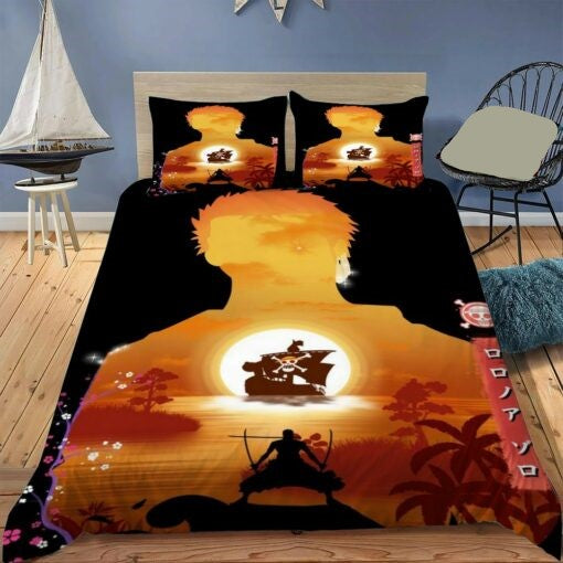 One Piece Bedding Set Roronoa Zoro Pose On Sunset Duvet Covers Black Oange Unique Gift