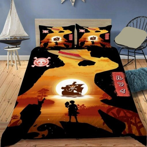 One Piece Bedding Set Luffy Pose On Sunset Duvet Covers Orange Unique Gift