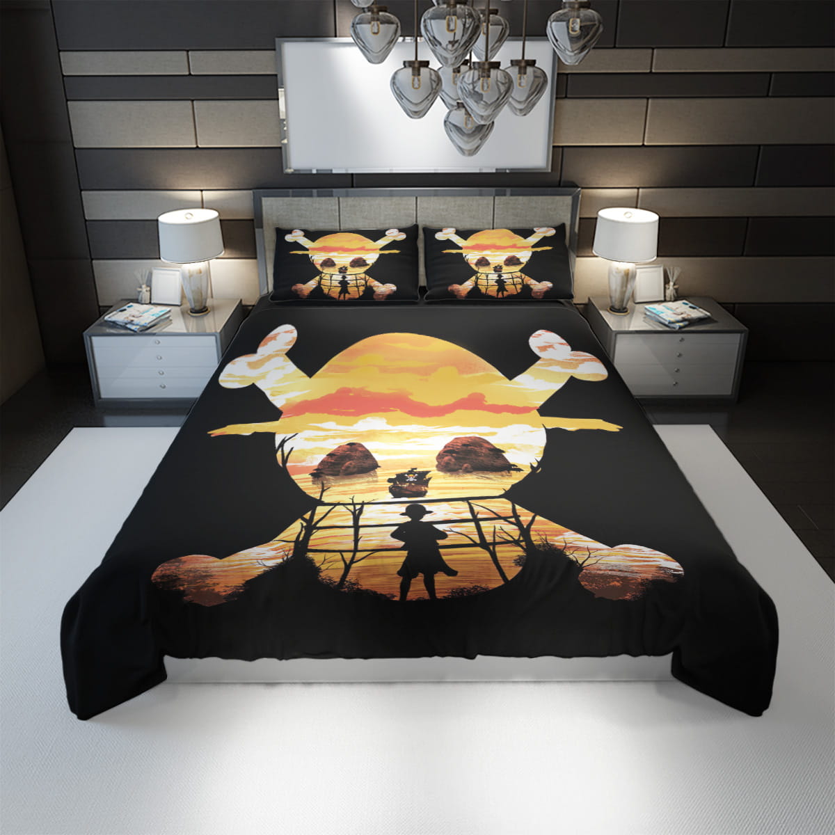 One Piece Bedding Set One Piece Luffy Silhouette On Sunset Duvet Covers Black Oange Unique Gift