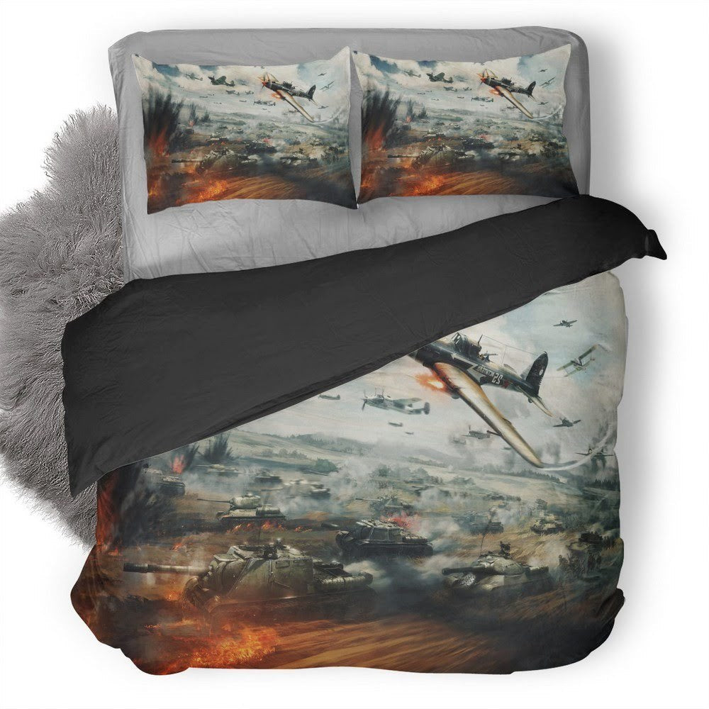 Veteran Bedding Set Battle Field War Plane And Tank Graphic Duvet Covers Gray Unique Gift