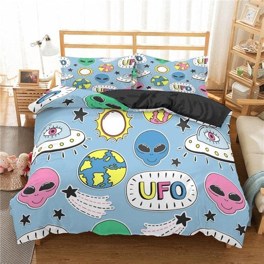 UFO Bedding Set UFO Alien Earth Planet Star Pattern Duvet Covers Colorful Unique Gift