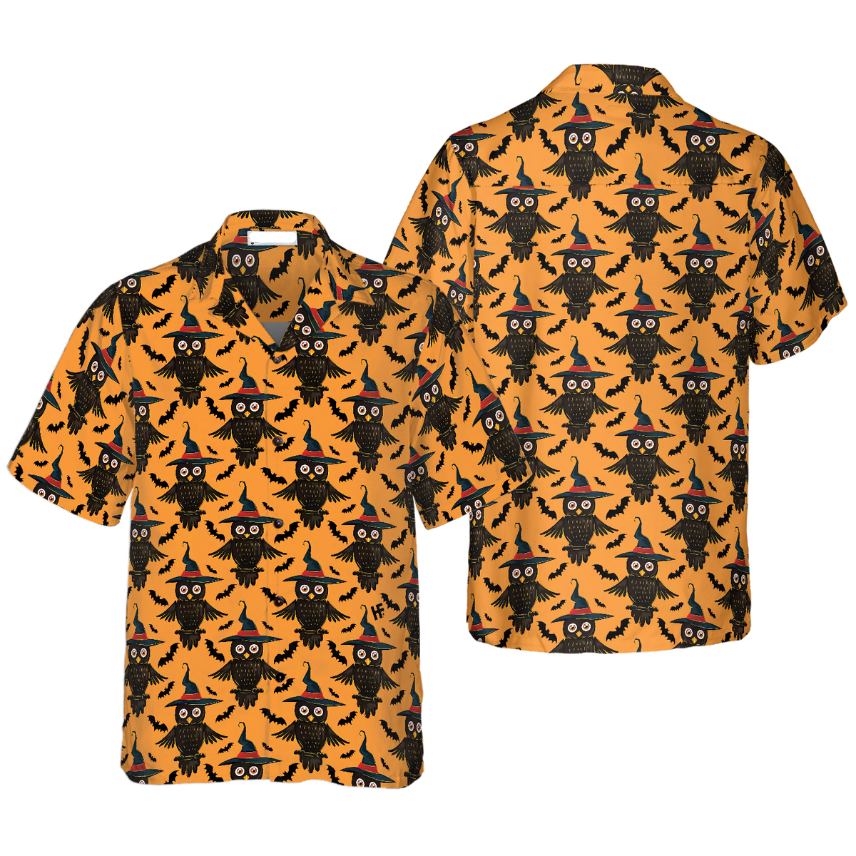 Halloween Hawaii Shirt Halloween Witch Owl Bat Pattern Hawaiian Shirt Black Orange Unisex