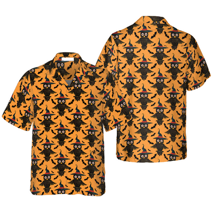 Halloween Hawaii Shirt Halloween Witch Owl Bat Pattern Hawaiian Shirt Black Orange Unisex