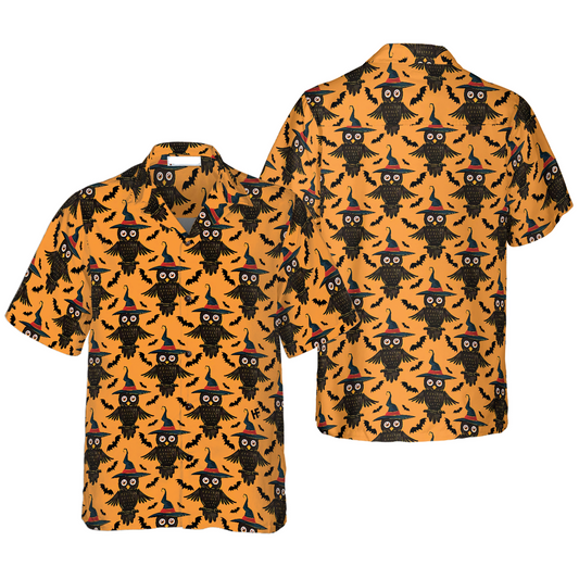 Halloween Hawaii Shirt Halloween Witch Owl Bat Pattern Hawaiian Shirt Black Orange Unisex