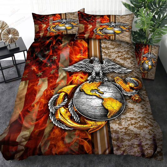 Veteran Bedding Set US Marine Corps Silver And Golden Emblem Duvet Covers Red Brown Unique Gift