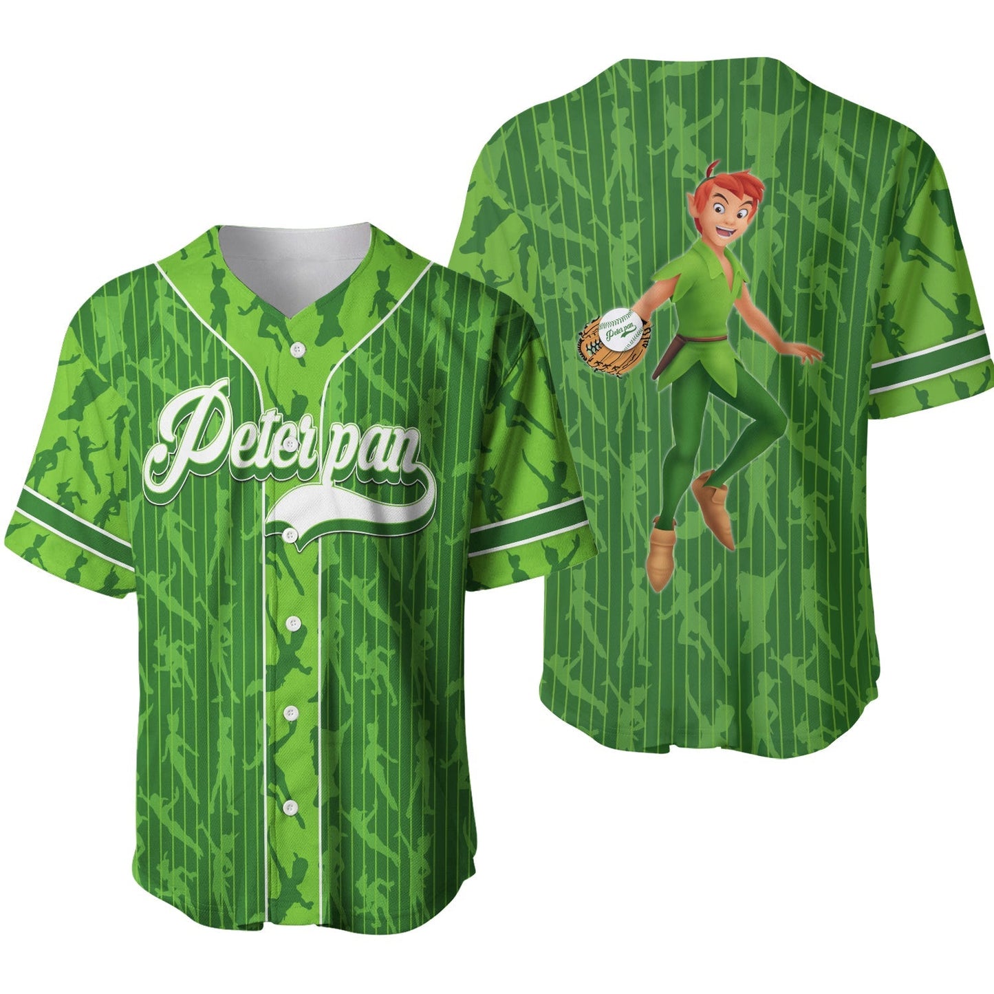 Disney Jersey Disney Peter Pan Catching Ball Graphic Green White Patterns Jersey Shirt Disney Baseball Jersey Peter Pan Baseball Jersey