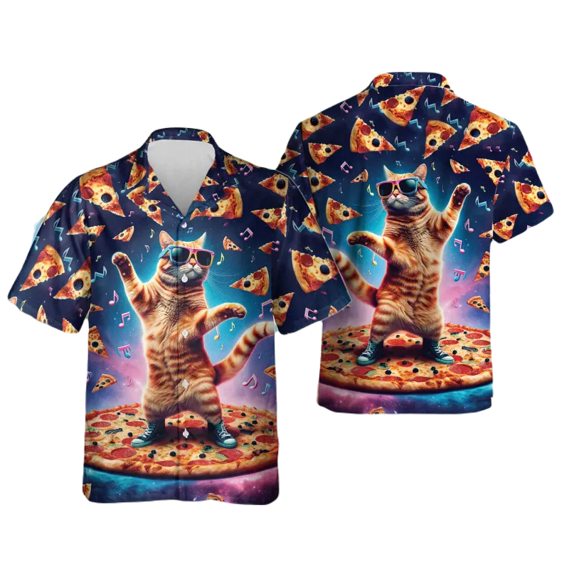 Funny Hawaii Shirt Funny Pizza Cat In Galaxy Hawaiian Shirt Orange Blue Unisex