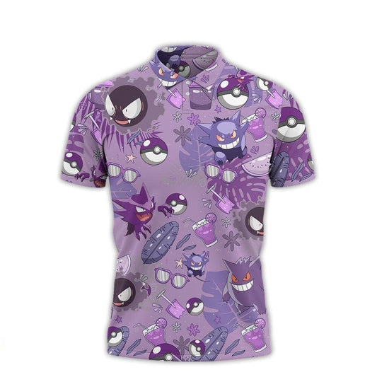 PKM Polo Shirt Tropical Gengar Evolution PKM Pattern Polo Tees Purple