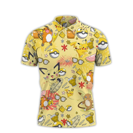 PKM Polo Shirt Tropical Pikachu Evolution PKM Pattern Polo Tees Yellow