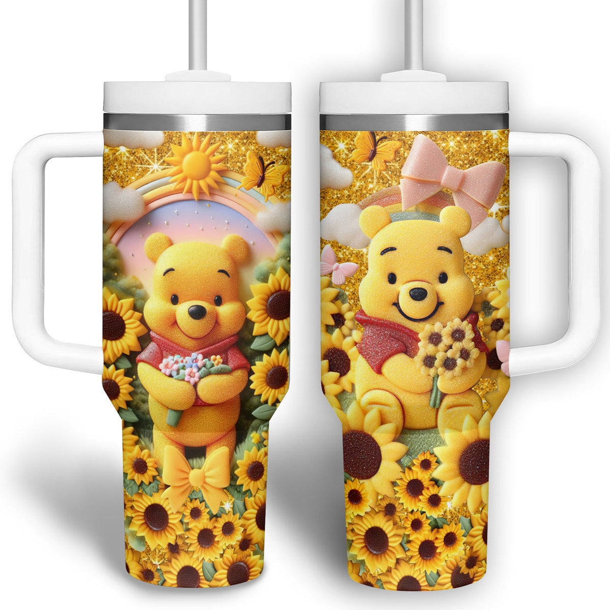 WTP 40 Oz Tumbler Cute Pooh Sunflower Garden Tumbler 40 Oz Yellow