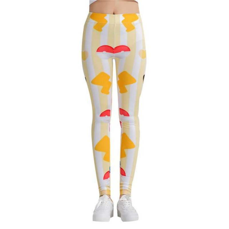 PKM Leggings PKM Pikachu Pokeball Pattern High Waisted Legging Yellow White For Women