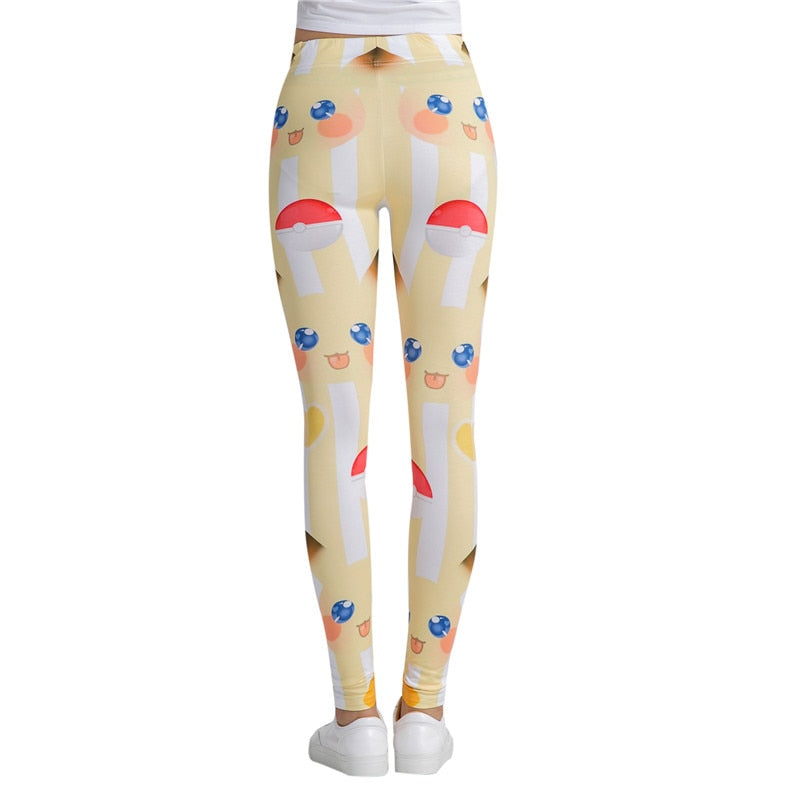 PKM Leggings PKM Pikachu Pokeball Pattern High Waisted Legging Yellow White For Women