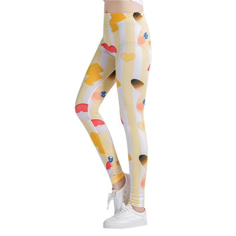 PKM Leggings PKM Pikachu Pokeball Pattern High Waisted Legging Yellow White For Women