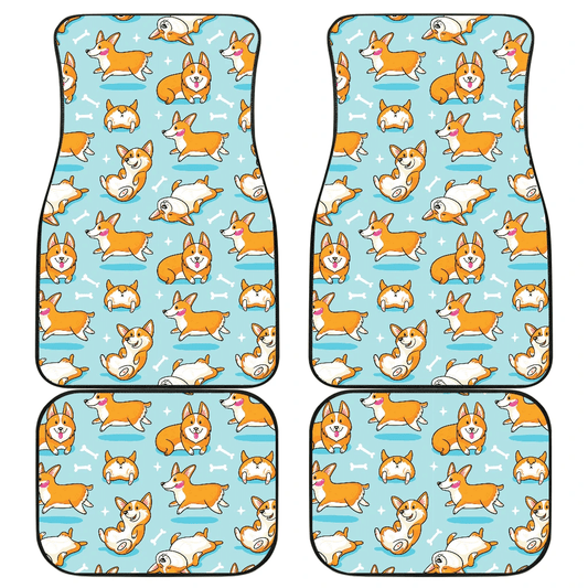 Dog Car Floor Mats Funny Puppy Corgi Happy Poses Pattern With Bones Pattern Car Mats
