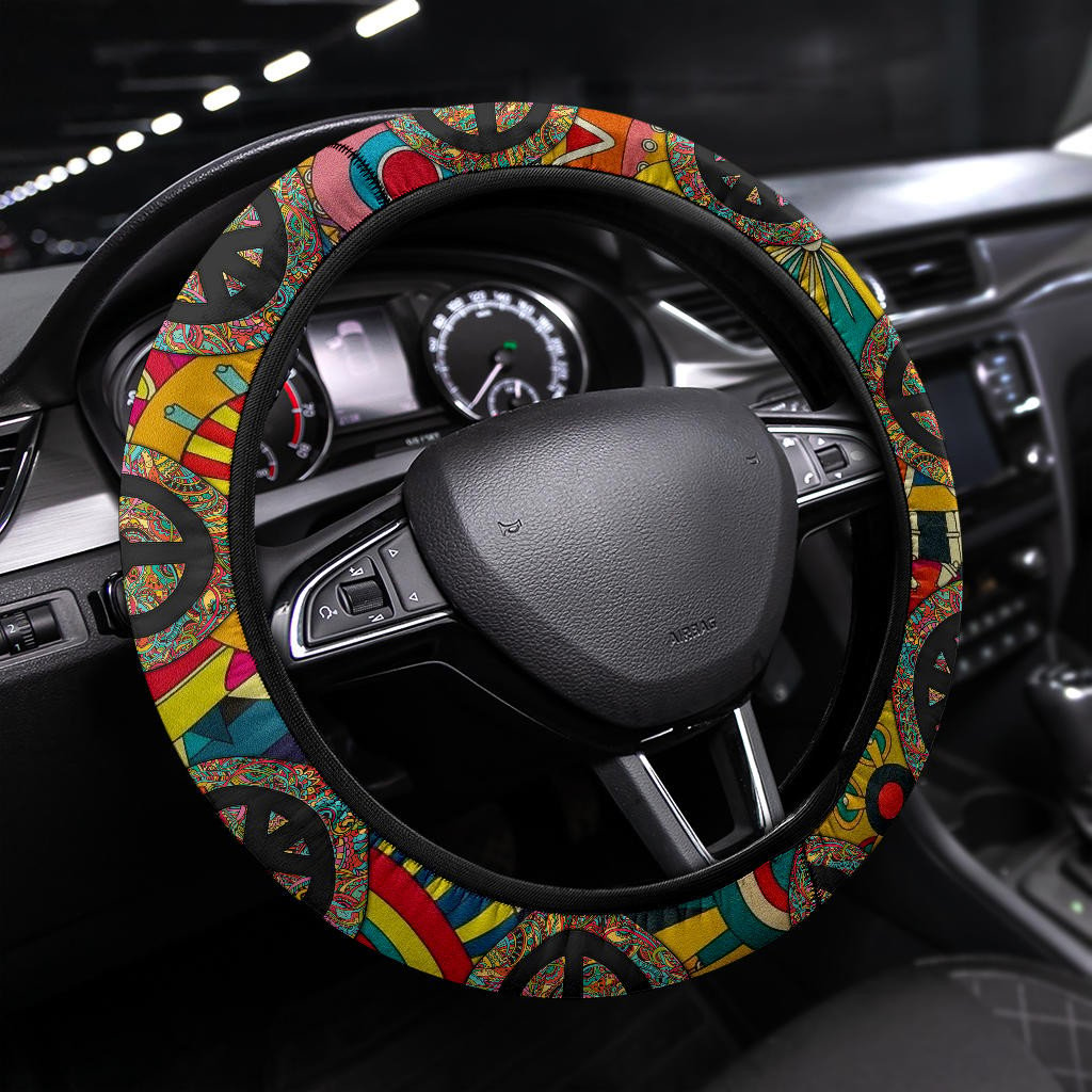 Hippie Steering Wheel Cover Peace Symbol Hippe Art Driving Wheel Cover Colorful