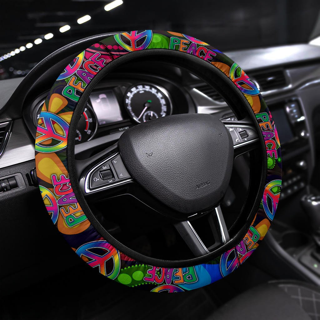 Hippie Steering Wheel Cover Peace Sign Rainbow Hippie Style Driving Wheel Cover Colorful