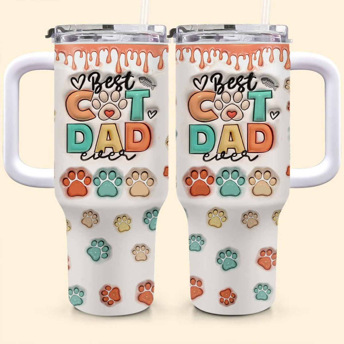 Cat 40 Oz Tumbler Best Cat Dad Ever Pawprints Pattern Tumbler 40 Oz Colorful