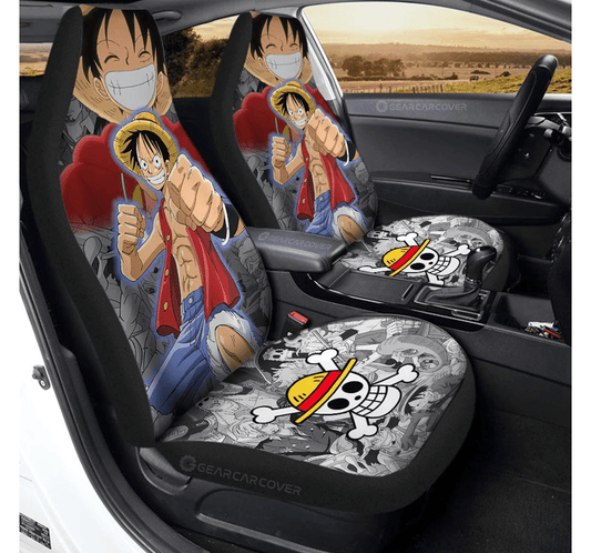 One Piece Car Seat Covers Monkey Luffy Graphic Symbol Manga Pattern Seat Covers Red Gray