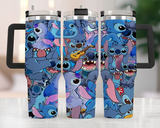 Stitch 40 Oz Tumbler Stitch Poses Doodle Pattern Tumbler 40 Oz Blue