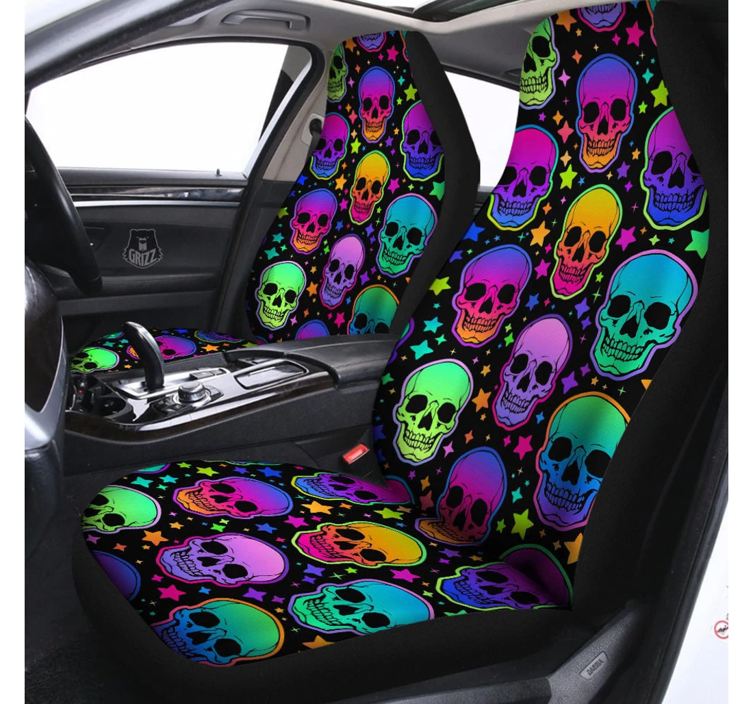 Skull Car Seat Covers Neon Light Skull Star Pattern Seat Covers Colorful