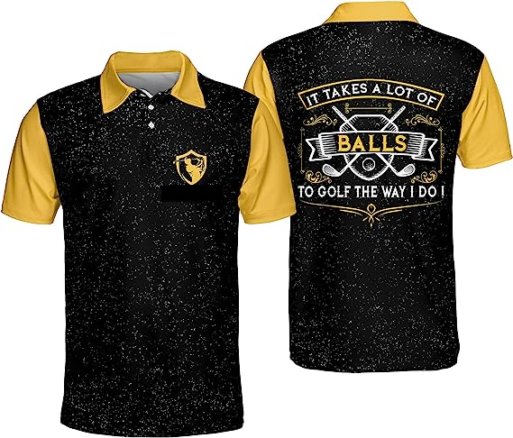 Golf Polo Shirt It Takes A Lot of Balls Golf Shirts Black Yellow For Men