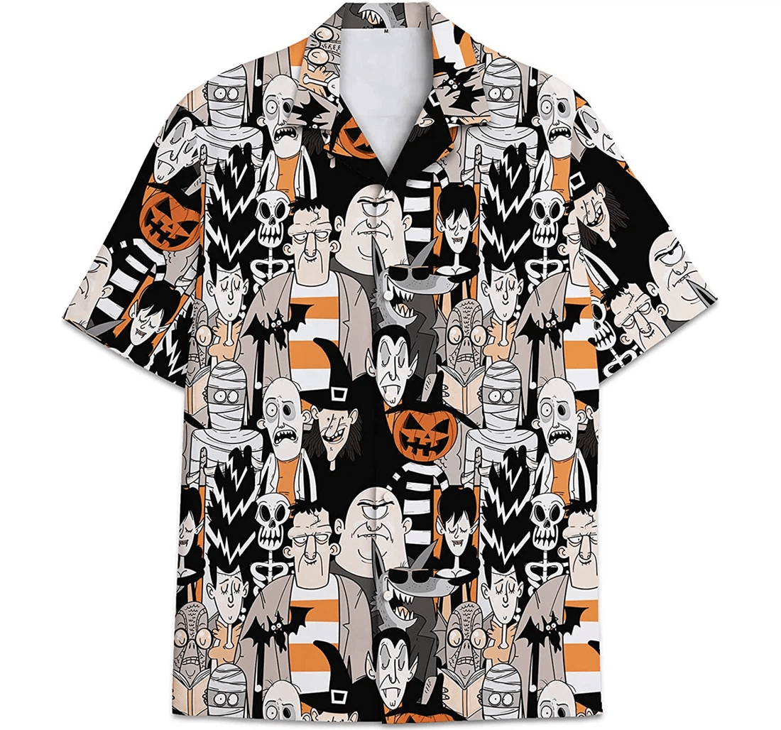 Halloween Hawaii Shirt All Type Of Monsters Doodle Pattern Hawaiian Shirt Black White Unisex