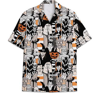 Halloween Hawaii Shirt All Type Of Monsters Doodle Pattern Hawaiian Shirt Black White Unisex