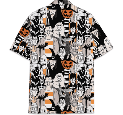 Halloween Hawaii Shirt All Type Of Monsters Doodle Pattern Hawaiian Shirt Black White Unisex