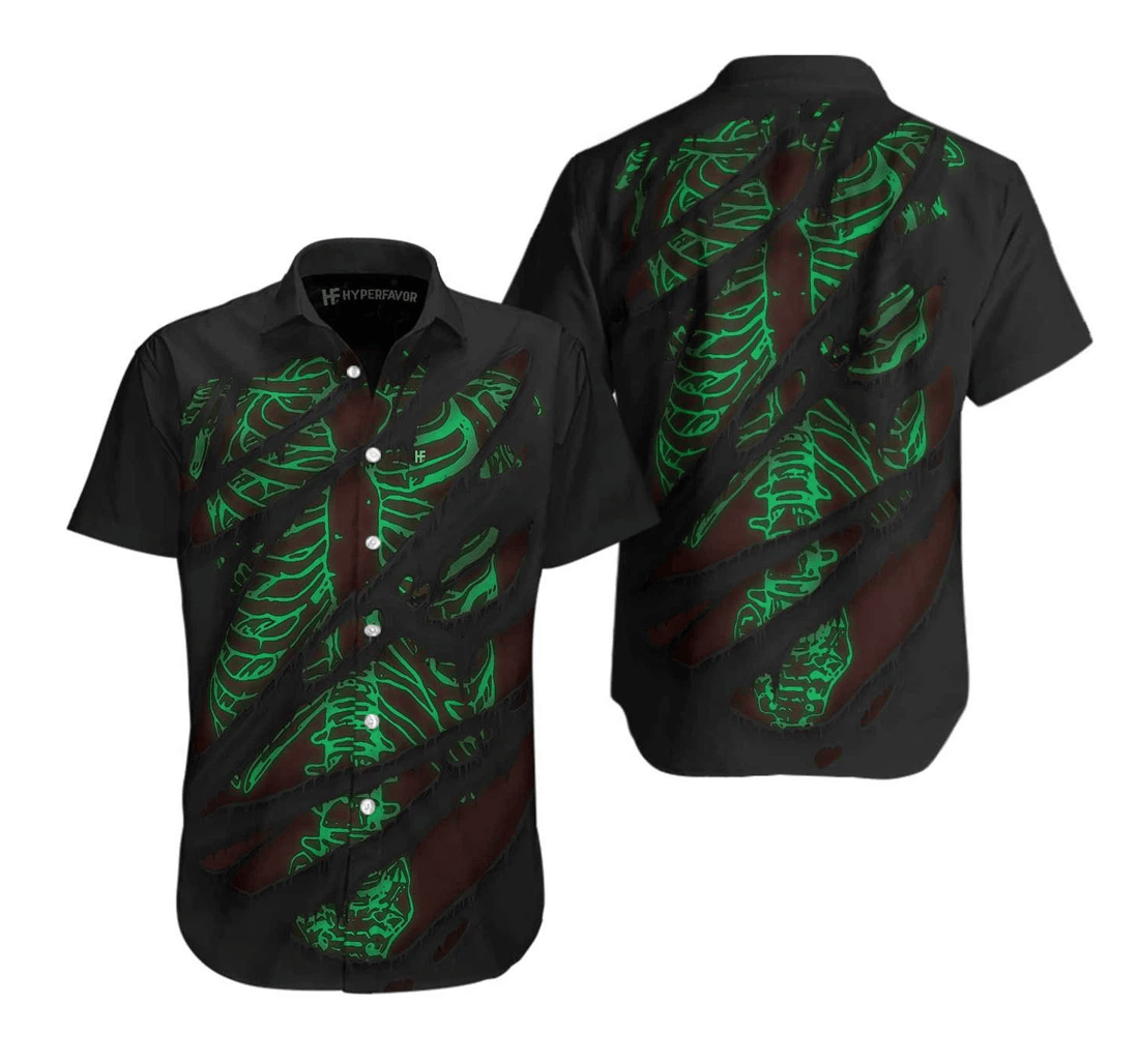 Halloween Hawaii Shirt Halloween Glowing Skeleton Pattern Hawaiian Shirt Black Green Unisex