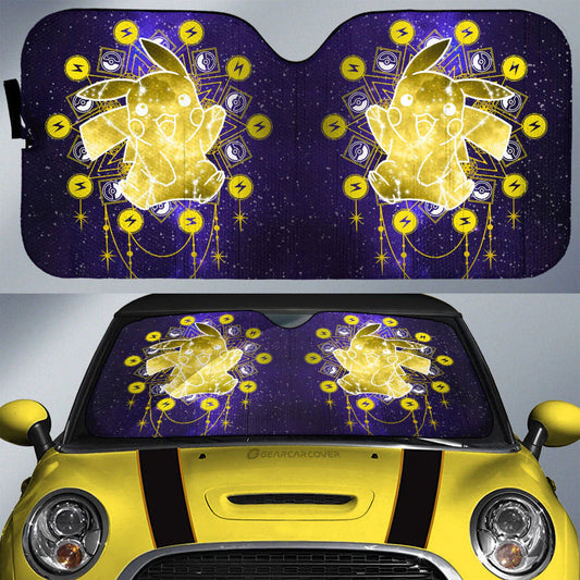 PKM Car Sun Shade Pikachu Galaxy Lightning Pokeball Pattern Winshield Sun Shade Yellow Blue