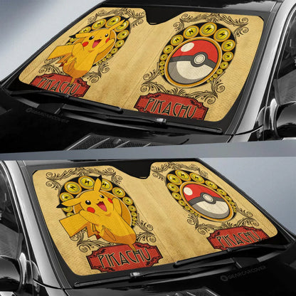 PKM Car Sun Shade Vintage Pikachu Lightning Pokeball Pattern Winshield Sun Shade Yellow