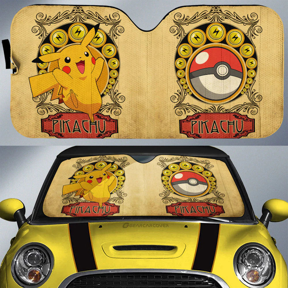 PKM Car Sun Shade Vintage Pikachu Lightning Pokeball Pattern Winshield Sun Shade Yellow