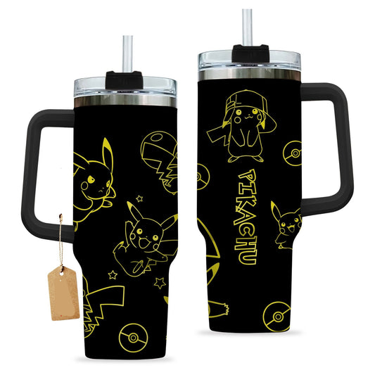 PKM 40 Oz Tumbler PKM Pikachu All Poses Pattern Tumbler 40 Oz Black Yellow