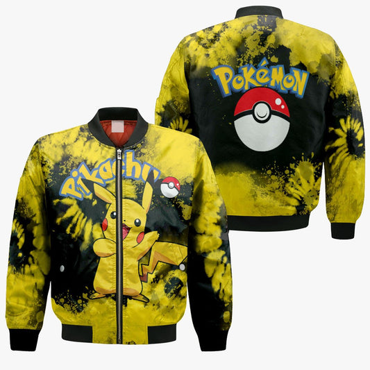 PKM Bomber Jacket PKM Pikachu Tie Dye Pattern Bomber Black Yellow Unisex