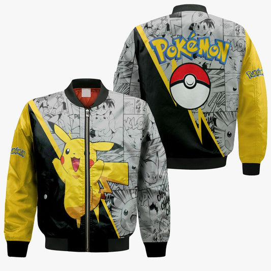 PKM Bomber Jacket PKM Pikachu Pokeball Manga Pattern Bomber Black Yellow Unisex