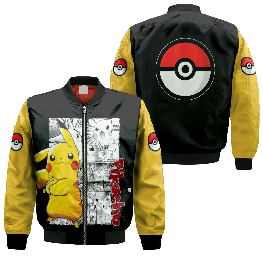 PKM Bomber Jacket Pikachu Pokeball Manga Pattern Bomber Black Yellow Unisex