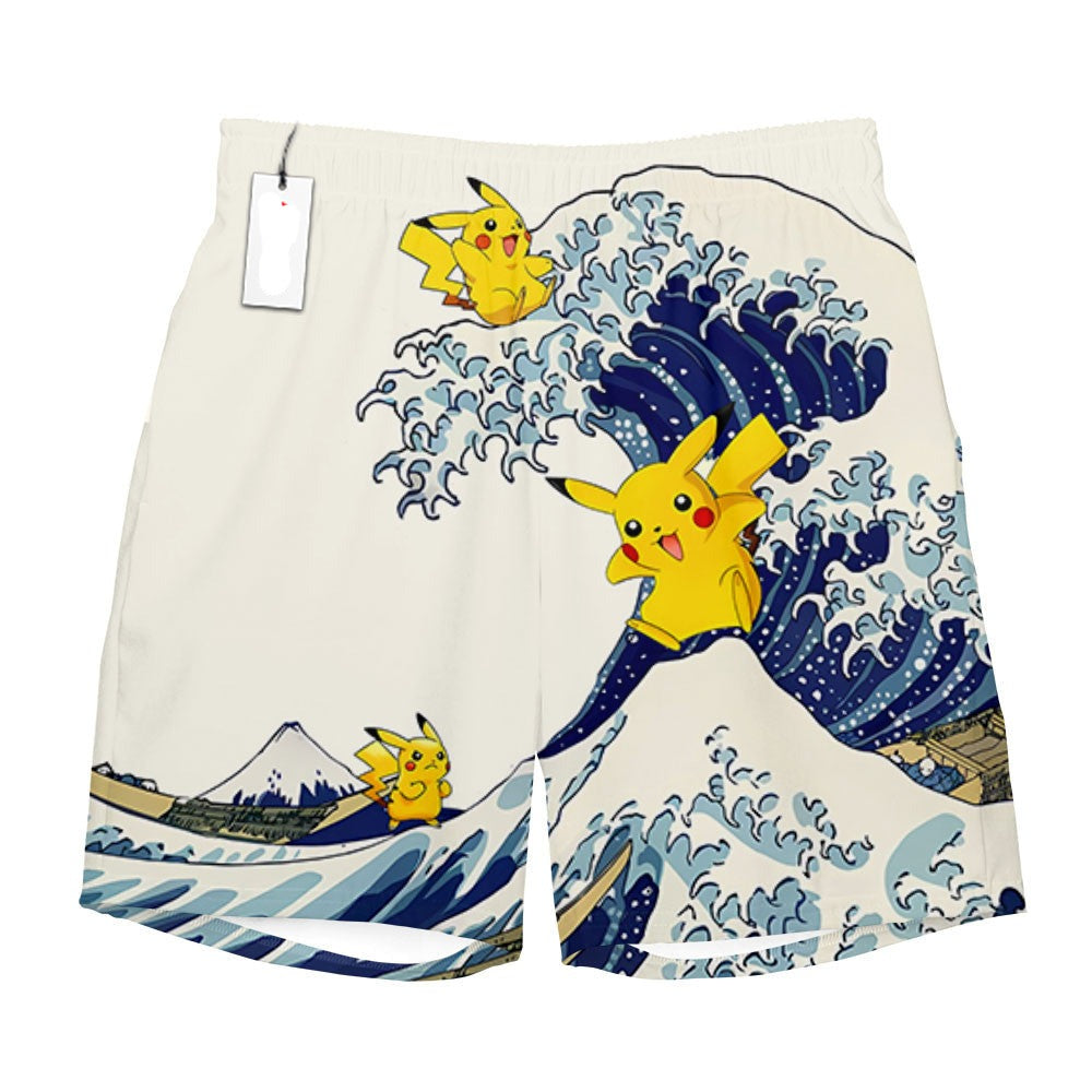 PKM Shorts Pikachu Kanagawa Great Wave Beach Shorts Blue White