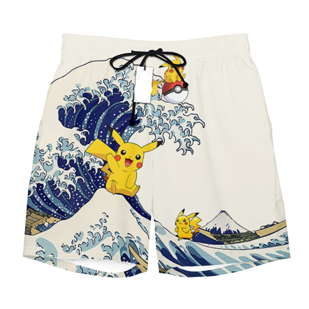 PKM Shorts Pikachu Kanagawa Great Wave Beach Shorts Blue White