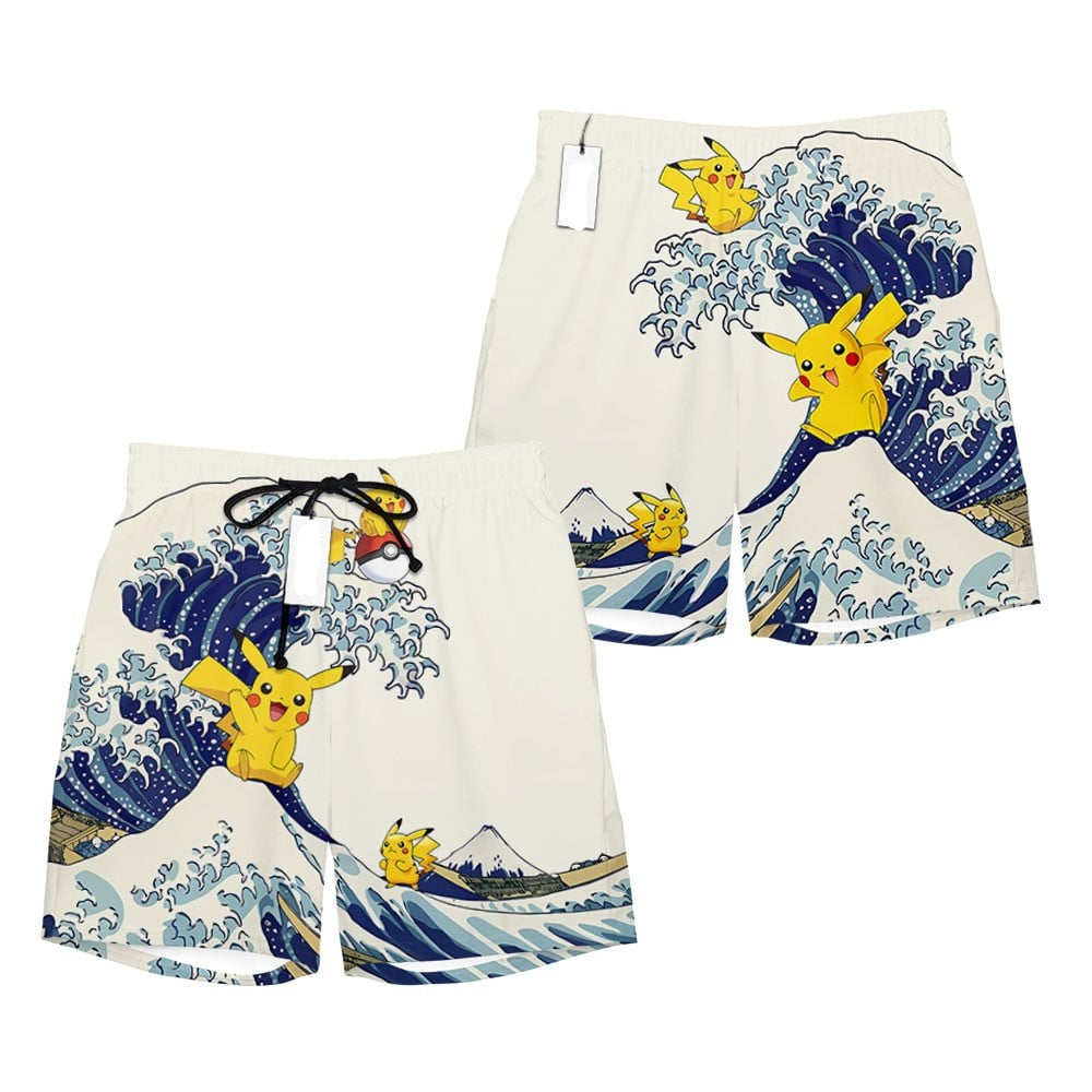 PKM Shorts Pikachu Kanagawa Great Wave Beach Shorts Blue White