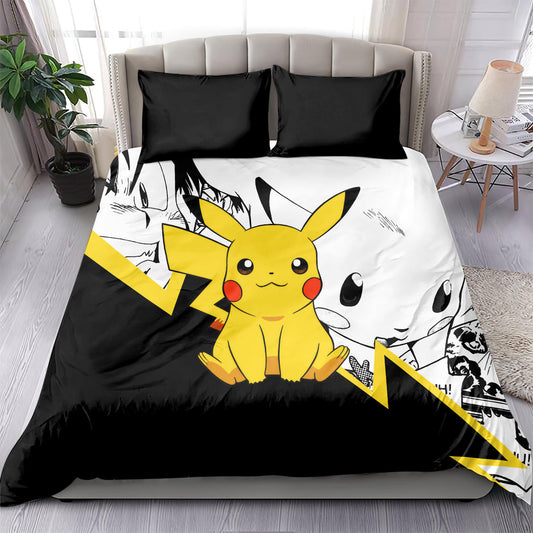 PKM Bedding Set PKM Pikachu Comic Pattern Duvet Covers Black White Unique Gift